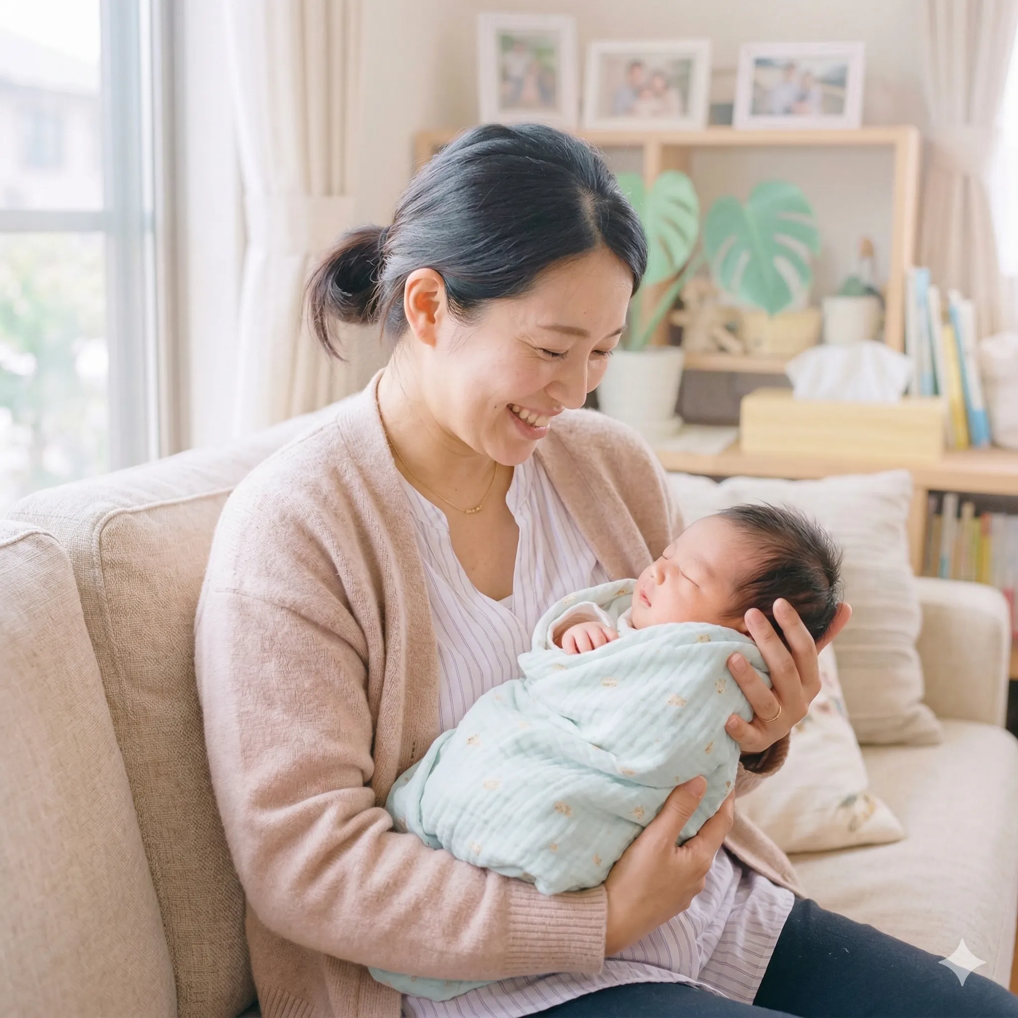 不妊で苦しんだ女性が、子宝整体で赤ちゃんを授かり幸せでいっぱいに赤ちゃんを抱く画像
